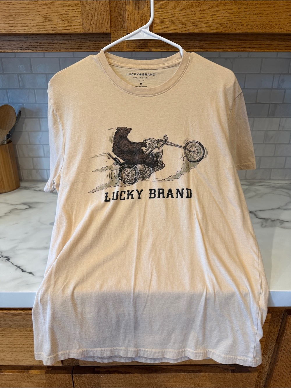 Lucky Brand Cream Graphic Tee with Brown Bear Motorcycle